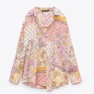 Zara Pink Yellow Floral Patchwork Button-Up Blouse